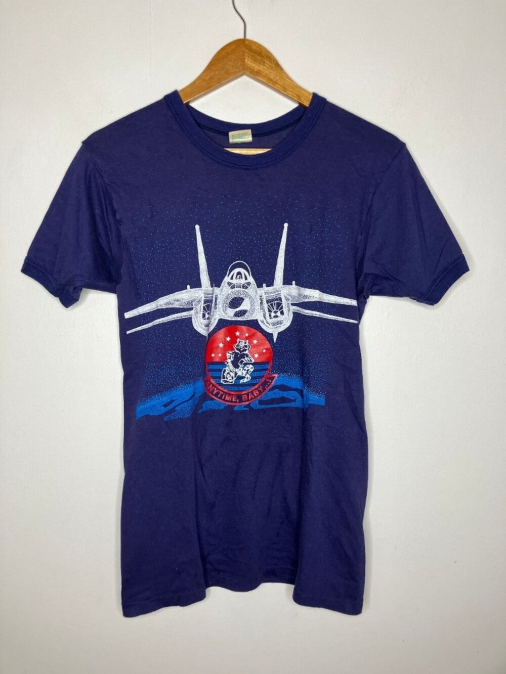 Vintage 80s Fairline F-14 Tomcat Fighter Jet T-Shirt "Anytime, Baby!" Size L
